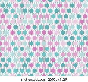 Honeycomb mosaic hexagons background. Rounded hexagons mosaic pattern with inner solid cells. Hexagon cells. Multiple tones color palette. Seamless pattern. Tileable vector illustration.