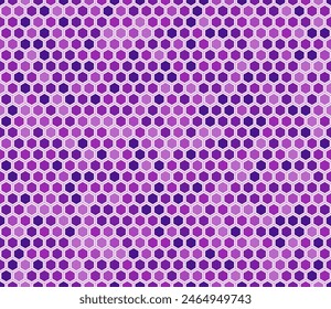 Fondo de hexágonos de mosaico de nido de abeja. Cuadrícula hexagonal simple con celdas sólidas internas. Tonos de color púrpura. Formas hexagonales. Patrón sin costuras. Ilustración vectorial con mosaico.
