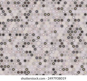 Honeycomb mosaic pattern. Geometric elements of varied style and color. Hexagon shapes. Tileable pattern. Seamless background. Trending vector illustration.