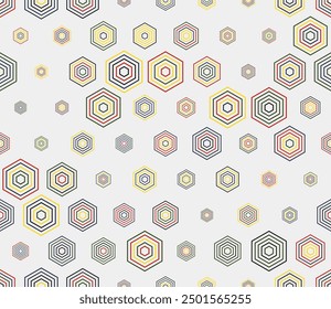 Honeycomb mosaic pattern. Multicolored geometric elements of varied size. Hexagon stacked mosaic cells. Hexagonal cells. Tileable pattern. Seamless vector illustration.