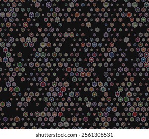 Honeycomb mosaic pattern. Multicolored geometric elements of varied size. Simple stacked hexagons pattern. Hexagon shapes. Tileable design. Seamless vector illustration.