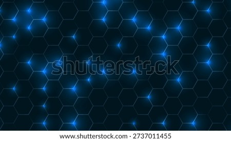Honeycomb neon background. Glowing blue hexagonal grid pattern creates modern tech texture on dark surface. Futuristic digital vector illustration in luminous geometric style.