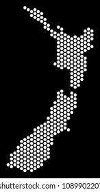 Honeycomb New Zealand map. Vector territorial plan on a black background. Abstract New Zealand map composition is created with hexagon items.