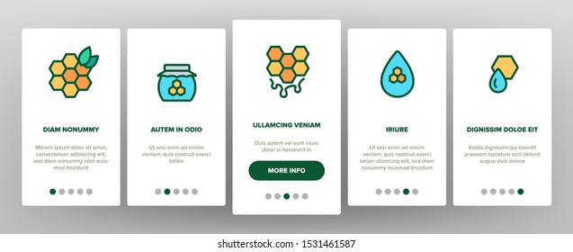 Honeycomb Onboarding Mobile App Page Screen Vector Thin Line. Bee Swarm, Beekeeper And Sweets, Nectar And Honeycomb Concept Linear Pictograms. Beekeeping Contour Illustrations