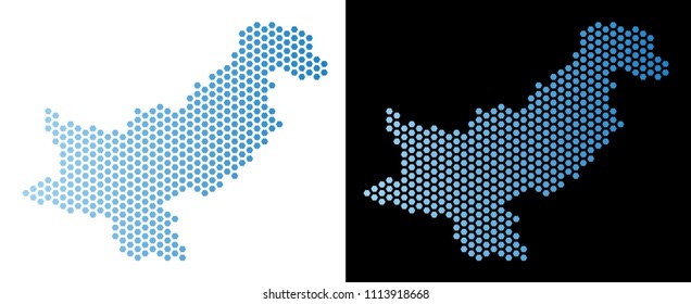 Honeycomb Pakistan map. Vector territorial scheme in light blue color with horizontal gradient on white and black backgrounds. Abstract Pakistan map concept is formed from hexagon blots.