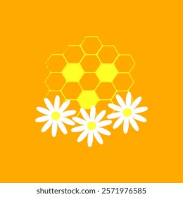 Honeycomb pattern with chamomile flower. Gold, orange background.