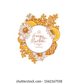 Honeycomb pieces. Honey elements engraved vintage style. Packaging image. Vector illustration