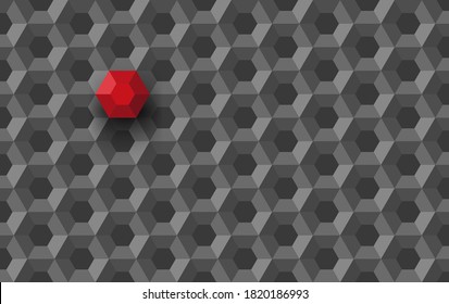 Honeycomb polygon technology structure abstract with red unique different hexagon integrated part as unique another solution concept vector 3d illustration, digital module hexagonal pattern modern