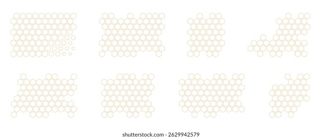 Honeycomb Propolis pattern set. Honeycomb structure. Honey, pollen, wax, parchment and bee products in sketch style. Stock vector illustration isolated on a white background.