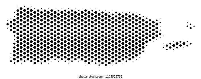 Honeycomb Puerto Rico map. Vector halftone territory scheme on a white background. Abstract Puerto Rico map concept is constructed of hexagonal spots.