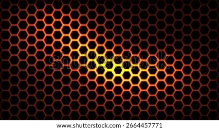 Honeycomb seamless glowing fire pattern. Bright orange and yellow illuminated hexagonal grid on black. Vector futuristic design with fiery light effect for wallpapers, sci-fi textures, backgrounds.