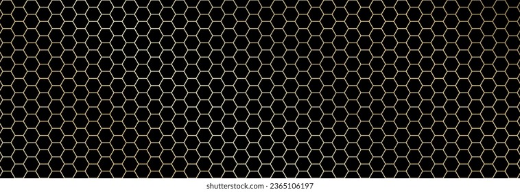 Honeycomb seamless golden geometric pattern on black background.