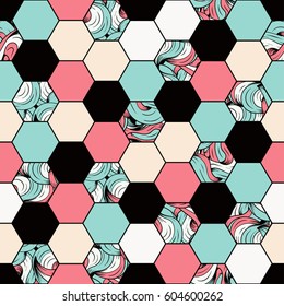 Honeycomb seamless pattern. Abstraction colorful background with mosaic hexagonal shapes. Vector illustration.