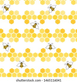 Honeycomb seamless pattern, beautiful bee cell with cartoon bees on white background vector illustration.