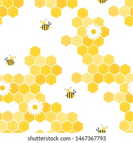 Honeycomb seamless pattern, beautiful bee cell with cartoon bees on white background vector illustration.