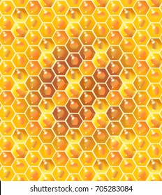 Honeycomb seamless pattern. Bee honey realistic background. Sweet yellow color honey banner. Bee honeycomb vector illustration template. Tasty apple honey, pomegranate, sweet honey drip, jam, food