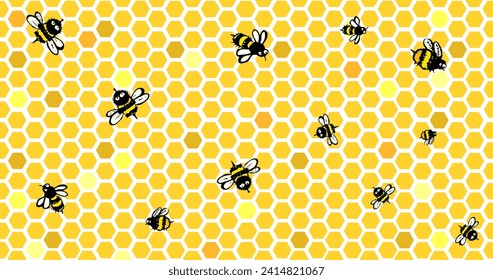 Honeycomb seamless pattern with bees. hand drawing. Not AI, Vector illustration