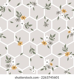 Honeycomb seamless pattern with doodle flowers. Design for textile, decoration, cards, paper goods, background, wallpaper, fabric and more. Vector illustration