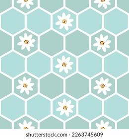 Honeycomb seamless pattern with doodle flowers. Design for textile, decoration, cards, paper goods, background, wallpaper, fabric and more. Vector illustration