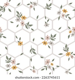 Honeycomb seamless pattern with doodle flowers. Design for textile, decoration, cards, paper goods, background, wallpaper, fabric and more. Vector illustration