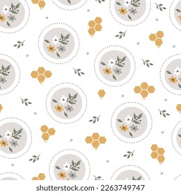 Honeycomb seamless pattern with doodle flowers. summer pattern. Design for textile, decoration, cards, paper goods, background, wallpaper, fabric and more. Vector illustration