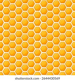 Honeycomb seamless pattern of golden hexagonal cells filled with sweet honey on bright background