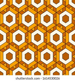 Honeycomb seamless pattern. Hexagon mosaic tiles ornament. Ethnic surface print. Repeated geometric figures background. Ornamental wallpaper. Modern geo design digital paper. Vector abstract art