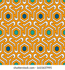 Honeycomb seamless pattern. Hexagon mosaic tiles ornament. Ethnic surface print. Repeated geometric figures background. Ornamental wallpaper. Modern geo design digital paper. Vector abstract art