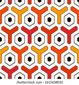 Honeycomb seamless pattern. Hexagon mosaic tiles ornament. Ethnic surface print. Repeated geometric figures background. Ornamental wallpaper. Modern geo design digital paper. Vector abstract art