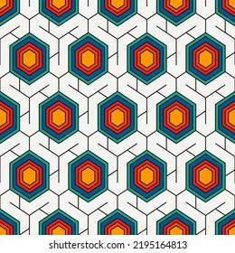 Honeycomb seamless pattern. Hexagon mosaic tiles ornament. Ethnic surface print. Repeated geometric figures background. Ornamental wallpaper. Modern geo design digital paper. Vector abstract art