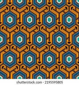 Patrón sin fisuras de Honeycomb. Baldosas de mosaico hexagonal adornado. Impresión de superficie étnica. Fondo de figuras geométricas repetidas. Papel de pared ornamental. Papel digital de diseño geológico moderno. Arte abstracto vectorial.