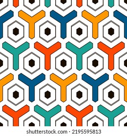 Honeycomb seamless pattern. Hexagon mosaic tiles ornament. Ethnic surface print. Repeated geometric figures background. Ornamental wallpaper. Modern geo design digital paper. Vector abstract art.