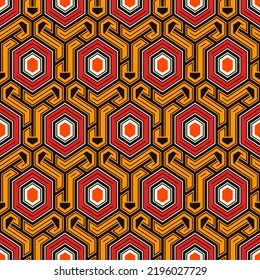 Honeycomb seamless pattern. Hexagon mosaic tiles ornament. Ethnic surface print. Repeated geometric figures background. Ornamental wallpaper. Modern geo design digital paper. Vector abstract art.
