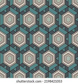 Honeycomb seamless pattern. Hexagon mosaic tiles ornament. Ethnic surface print. Repeated geometric figures background. Ornamental wallpaper. Modern geo design digital paper. Vector abstract work.
