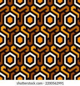 Honeycomb seamless pattern. Hexagon mosaic tiles ornament. Ethnic surface print. Repeated geometric figures background. Ornamental wallpaper. Modern geo design digital paper. Vector abstract work.