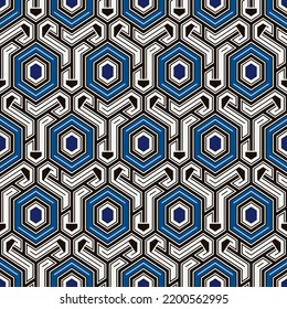 Honeycomb seamless pattern. Hexagon mosaic tiles ornament. Ethnic surface print. Repeated geometric figures background. Ornamental wallpaper. Modern geo design digital paper. Vector abstract art.