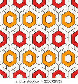 Honeycomb seamless pattern. Hexagon mosaic tiles ornament. Ethnic surface print. Repeated geometric figures background. Ornamental wallpaper. Modern geo design digital paper. Vector abstract work.