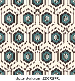 Honeycomb seamless pattern. Hexagon mosaic tiles ornament. Ethnic surface print. Repeated geometric figures background. Ornamental wallpaper. Modern geo design digital paper. Vector abstract artwork