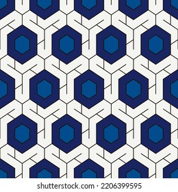 Honeycomb seamless pattern. Hexagon mosaic tiles ornament. Ethnic surface print. Repeated geometric figures background. Ornamental wallpaper. Modern geo design digital paper. Vector abstract work
