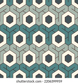 Honeycomb seamless pattern. Hexagon mosaic tiles ornament. Ethnic surface print. Repeated geometric figures background. Ornamental wallpaper. Modern geo design digital paper. Vector abstract work.