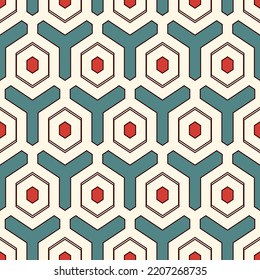 Honeycomb seamless pattern. Hexagon mosaic tiles ornament. Ethnic surface print. Repeated geometric figures background. Ornamental wallpaper. Modern geo design digital paper. Vector abstract art.