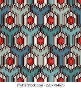 Honigwabenmuster nahtlos. Zierfliesen aus Hexagon-Mosaik. Ethnischer Oberflächendruck. Wiederholter geometrischer Hintergrund. Ziertapete. Modernes geo-design digitales Papier. Abstrakte Vektorkunst