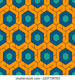 Honeycomb seamless pattern. Hexagon mosaic tiles ornament. Ethnic surface print. Repeated geometric figures background. Ornamental wallpaper. Modern geo design digital paper. Vector abstract work.