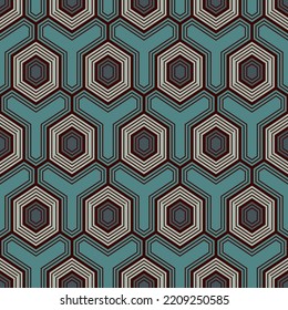 Honeycomb seamless pattern. Hexagon mosaic tiles ornament. Ethnic surface print. Repeated geometric figures background. Ornamental wallpaper. Modern geo design digital paper. Vector abstract work.