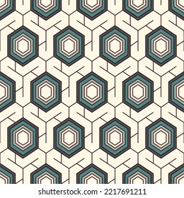Honeycomb seamless pattern. Hexagon mosaic tiles ornament. Ethnic surface print. Repeated geometric figures background. Ornamental wallpaper. Modern geo design digital paper. Vector abstract art
