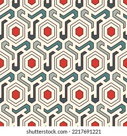 Honeycomb seamless pattern. Hexagon mosaic tiles ornament. Ethnic surface print. Repeated geometric figures background. Ornamental wallpaper. Modern geo design digital paper.