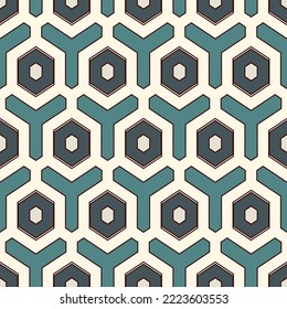 Honeycomb seamless pattern. Hexagon mosaic tiles ornament. Ethnic surface print. Repeated geometric figures background. Ornamental wallpaper. Modern geo design digital paper. Vector abstract art work