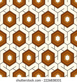 Honeycomb seamless pattern. Hexagon mosaic tiles ornament. Ethnic surface print. Repeated geometric figures background. Ornamental wallpaper. Modern geo design digital paper. Vector abstract art
