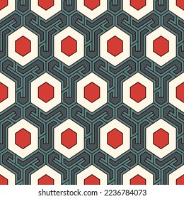 Honeycomb seamless pattern. Hexagon mosaic tiles ornament. Ethnic surface print. Repeated geometric figures background. Ornamental wallpaper. Modern geo design digital paper.