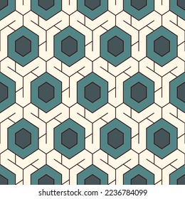 Honeycomb seamless pattern. Hexagon mosaic tiles ornament. Ethnic surface print. Repeated geometric figures background. Ornamental wallpaper. Modern geo design digital paper. Vector abstract work.